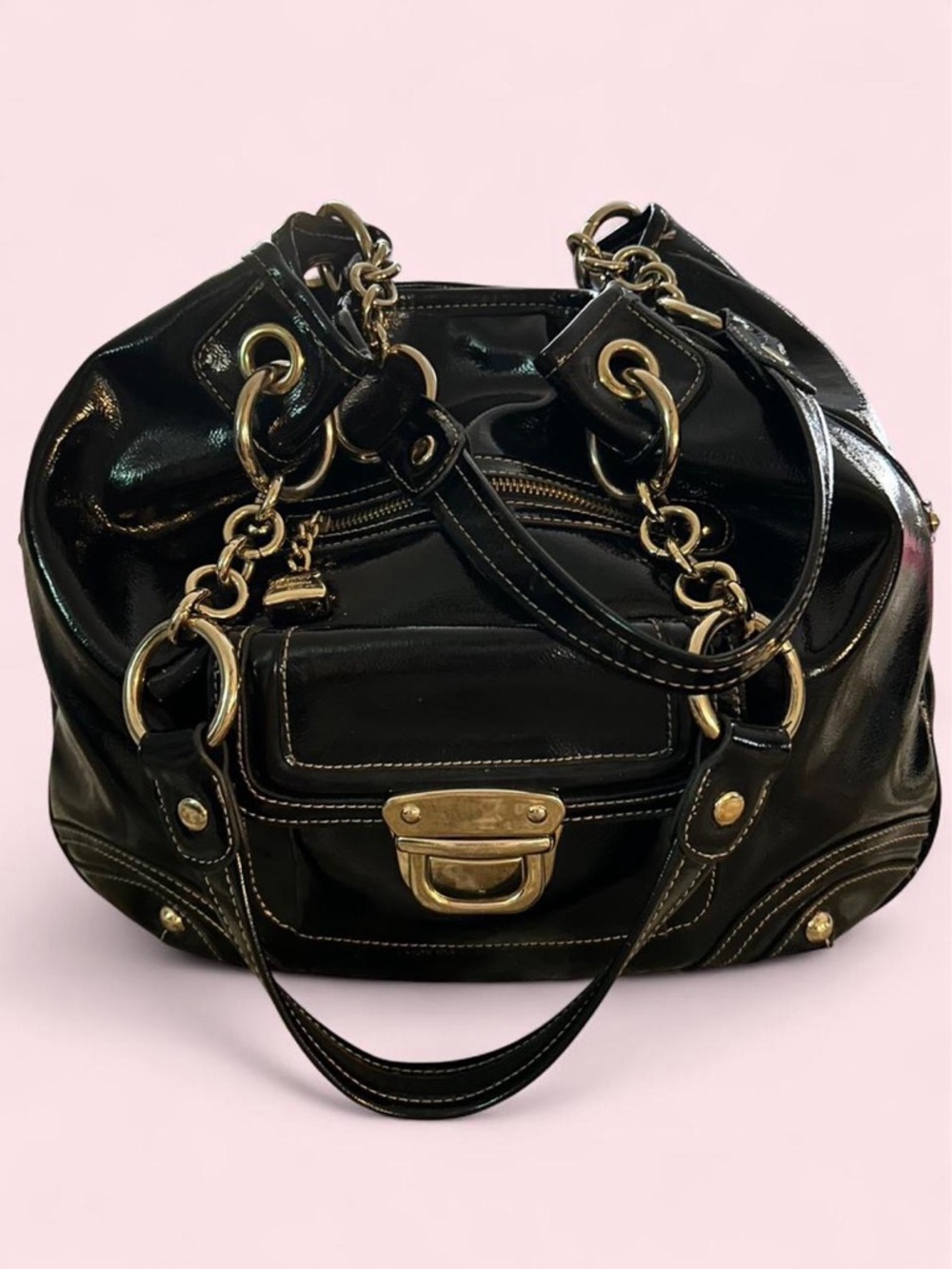 🖤Kathy Van Zeeland Black Patent Leather Chain-Detail Shoulder Bag🖤